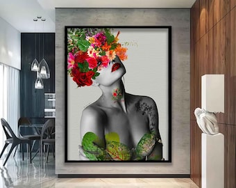 Kleurrijke bloemen vrouw moderne muurkunst, vrouw met bloemhoofd canvas schilderij, vrouw canvasafdruk, bloemen vrouw kunst aan de muur, Al-gegenereerde kunst