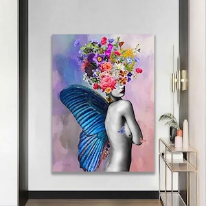 Al- Generated woman wall art, woman with flower head canvas painting, woman print, flower woman wall art, Al- Generated butterfly canvas,