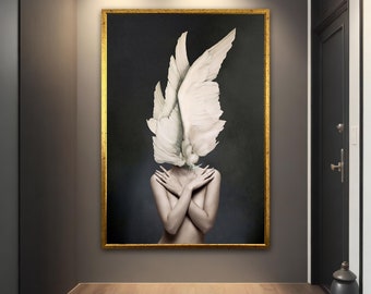 Wing woman canvas wall art, wing woman canvas wall art, woman with feather head canvas, wing woman wall decor, feather head woman wall art