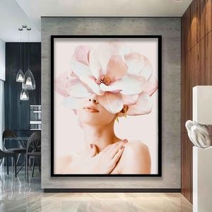 Rose woman canvas, Flower woman wall art, woman with flower head canvas painting, woman canvas print, abstract flower woman wall art,