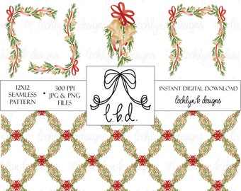 May include: A digital download of a seamless pattern featuring a repeating design of red bows, green garland, and gold bells. The pattern is 12x12 inches and 300 pixels per inch. The text "lochlyn b designs" is included in the image.
