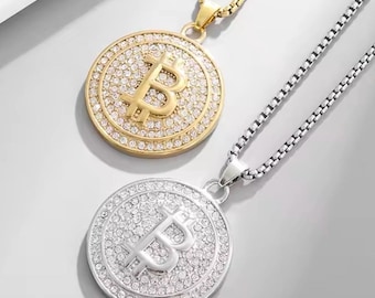Gold/Silber Bitcoin Anhänger Halskette: Krypto-Schmuck (60 cm Kette)