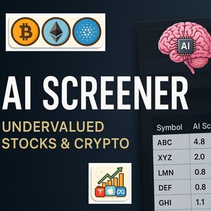 May include: A digital graphic promoting an AI screener for undervalued stocks and crypto. The image features cryptocurrency logos, a pink brain graphic with an AI chip, and a table with stock symbols and AI scores. The text reads "AI SCREENER" and "UNDERVALUED STOCKS & CRYPTO."