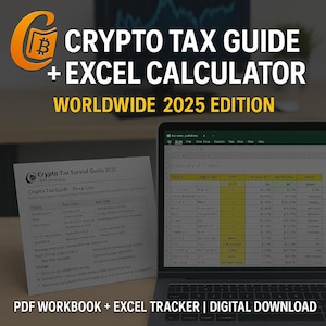 Könnte beinhalten: Ein Laptop zeigt eine Tabelle und einen gedruckten Leitfaden. Der Text auf dem Bildschirm lautet "Crypto Tax Guide + Excel Calculator Worldwide 2025 Edition." Der gedruckte Leitfaden trägt den Titel "Crypto Tax Survial Guide 2025."