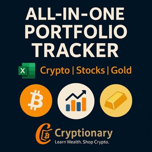 May include: Dark blue graphic with the text "ALL-IN-ONE PORTFOLIO TRACKER." Includes icons for Excel, Bitcoin, stocks, and gold. The text "Crypto | Stocks | Gold" is displayed. The Cryptionary logo and tagline are also present.