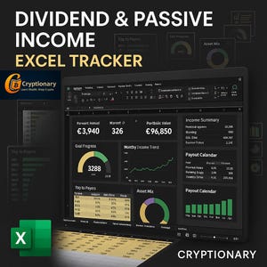 以下が含まれることがあります： 配当と受動的所得のためのExcelトラッカー。財務データ、グラフ、表を表示します。インターフェースには、収入の概要と支払いカレンダーが含まれています。「DIVIDEND & PASSIVE INCOME EXCEL TRACKER」というテキストが表示されます。