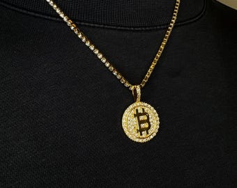 Vergoldete Bitcoin Anhänger Halskette: Krypto-Schmuck (46 cm Kette)