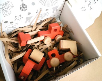 Set of 3 Orange Wooden Toy Construction Trucks