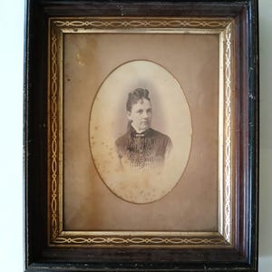 Antique Eastlake Victorian Deep Walnut Frame | Incised Gold Bands 1870-1900 with Woman's Portrait
