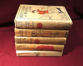 Vintage Book Stack Bundle of 5 antique girls’ books from 1910-1920 rustic Farmcore decorating tabletop décor \ earth tones with red accents