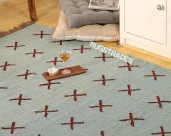 Handgewebter Kelim-Teppich aus Wolle und Jute, blau, geometrisches Flachgewebe, moderner Vintage-Stil, handgewebter Kelim-Teppich aus Wolle und Jute, individuell anpassbare Größe