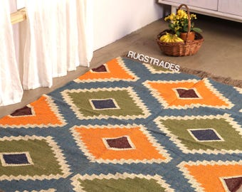 Handgewebter Kelim-Teppich aus Wolle und Jute, geometrischer Teppich, Boho-Landhaus-Teppich, Flachgewebe-Ethno-Teppich