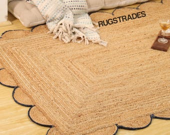 Jute-Teppich mit gewelltem Rand und marineblauer Bordüre – Handgewebter Naturfaserteppich – Umweltfreundlicher Boho-Landhausstil-Teppich fürs Wohnzimmer