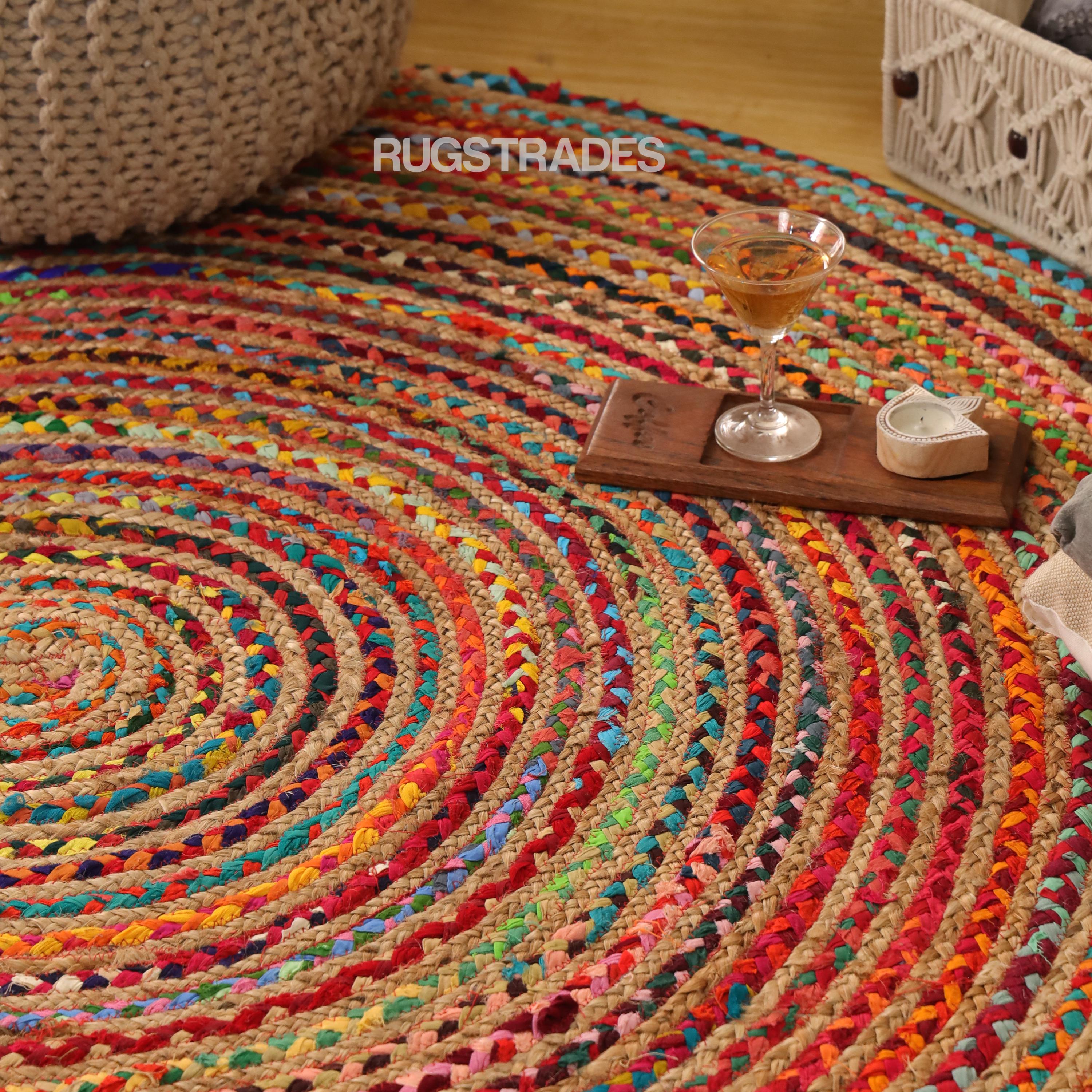 Hand Braided Jute Chindi Round Rug: Colorful Boho Decor Circle Rug New ...