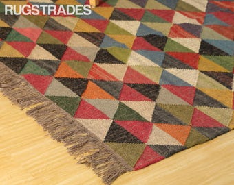 Handgewebter Kelim-Teppich aus Wolle und Jute, farbenfroher geometrischer Ethno-Teppich, wendbarer Flachgewebeteppich, Teppich im marokkanischen Boho-Stil, rustikale Wohndekoration