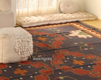 Groot handgeweven Kilim-tapijt, tribaal geometrisch platgeweven wollen Kilim-tapijt, handgemaakt Kilim Dhurrie-tapijt, traditioneel Indiaas vloerkleed