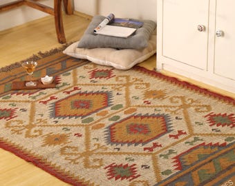 Handwoven Tribal Kilim Rug with Geometric Patterns Reversible Wool jute Runner Rug Vintage Design Area Rug Bohemian Home Decor  Custom Rug