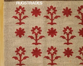 Handwoven Wool Jute Kilim Rug, Red Floral Design, Boho Decor Rug For living rooms, bedrooms, entryways and under coffee tables wall hanging