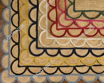 Natural Jute Rug- Wavy Edge Rug, Scalloped Jute Rug, Bohemian Rug, Jute Scalloped Rug, Jute Rug Rectangular, Scallop Jute Rug, Custom Rug