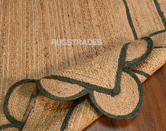 Scalloped Jute Rug, Scallop Rug, Natural Jute Rug, Emerald Green Rug, Boho Area Rug, Bohemian Jute Rug, Custom Size Rug, Jute Runner Rug