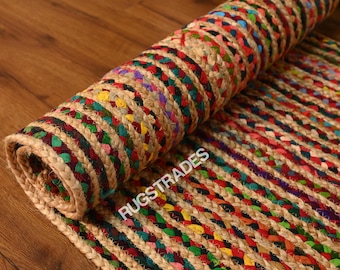 Colorful Handmade Braided Jute Chindi Rug decorative Bohemian Multi-Color Rug chindi rug braided rug Custom Size Rugs