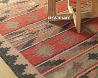 Traditioneller geometrischer Woll-Jute-Teppich – Handgefertigter Vintage-Kelim-Teppich – Wohn-/Schlafzimmerdekoration