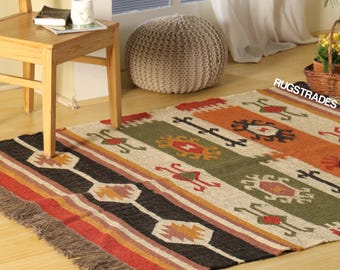 Kelim-Teppich, handgewebt, Wolle und Jute-Teppich handgefertigt, Kelim-Dhurrie-Teppich, traditioneller indischer Jute-Teppich