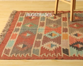 Vintage Woll-Jute-Kelim-Teppich, handgewebt, Wolle und Jute-Teppich handgefertigt, Kelim-Dhurrie-Teppich, traditioneller indischer Jute-Teppich