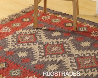 Traditioneller geometrischer Woll-Jute-Teppich – Handgefertigter Vintage-Navajo-Teppich – Wohn-/Schlafzimmerdekoration