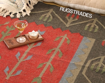 Alfombra Kilim geométrica con diseño floral de Red Heritage, tejida a mano en lana y yute, estilo bohemio de estilo rústico, para sala de estar.