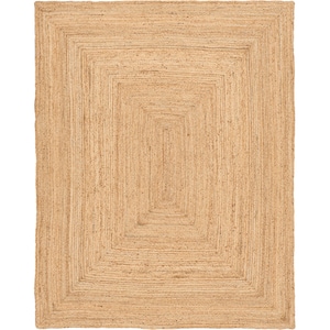 May include: A rectangular jute rug with a nested square design. The rug is a natural tan colour, with a woven texture. The design features a series of concentric squares, creating a framed effect. The rug is suitable for indoor use.