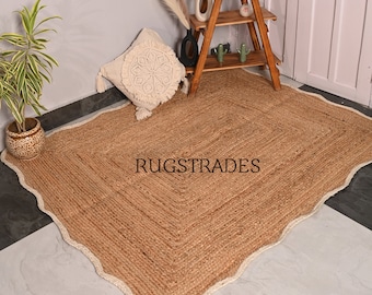 Handwoven Scalloped Jute Rug: Natural Fiber Boho Area Rug