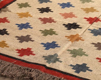 Handgewebter Kelim-Teppich aus Wolle und Jute, geometrischer Teppich, Boho-Landhaus-Teppich, Flachgewebe-Ethno-Teppich