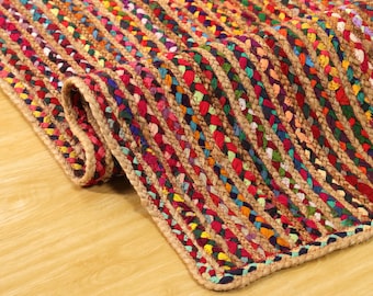 Geflochtener Chindi-Teppich in Regenbogenfarben - Handgemachte Bunte Bodenmatte, Teppich aus recycelter Baumwolle & Jute, Boho Wohndekor