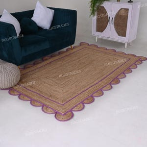 Scallop Jute Rug, Natural Jute Wavy Edge Rug, Scalloped Border Rug, Bohemian Jute Rug, Boho Decor Area Rug, Custom Size Jute Rug