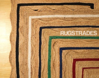 Jute-Teppich, Naturfaser, handgeflochten, gewellter Rand, Boho-Stil, Landhausstil, Wohnzimmerboden, 8x10 Läufer, großer Sisal-Teppich