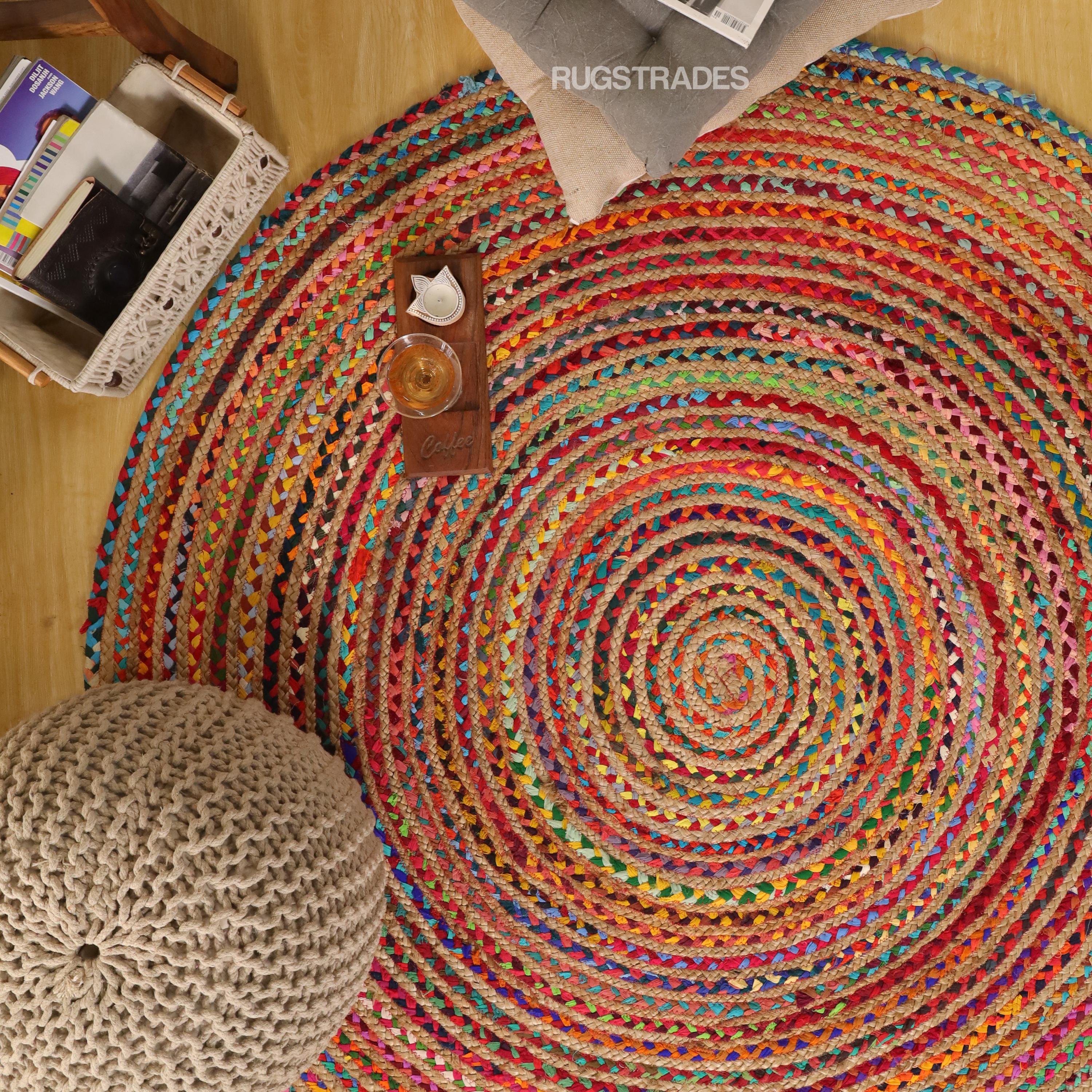 Hand Braided Jute Chindi Round Rug: Colorful Boho Decor Circle Rug New ...