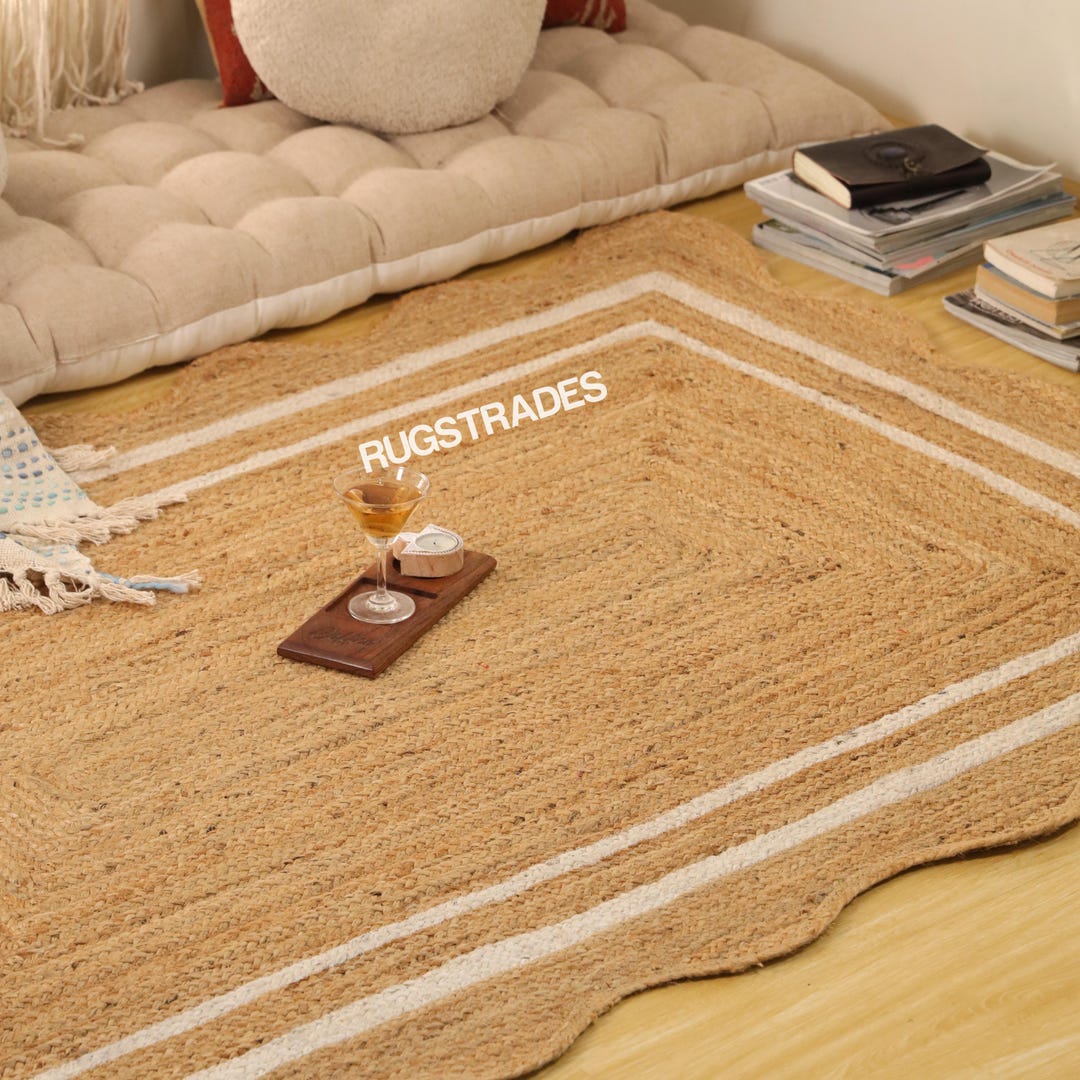 Wave Edge Rug Scalloped Edge Jute Rug, Wavy Border Natural Jute Rug, Handwoven Boho ...