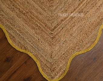 Natürlicher Juteteppich - Gelber Teppich mit gewellter Kante, Teppich mit gewellter Kante, Boho-Teppich, Teppich mit gewellter Kante
