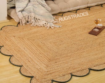 Jute-Teppich mit gewelltem Rand und grüner Bordüre – Handgewebter Naturfaserteppich – Boho-Landhausstil-Teppich – Umweltfreundlicher Wohnzimmerteppich