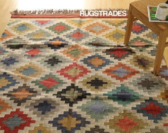 Kelim-Teppich, handgewebter Woll- und Jute-Teppich, geometrischer Teppich, Boho-Landhaus-Teppich, Flachgewebe-Ethno-Teppich