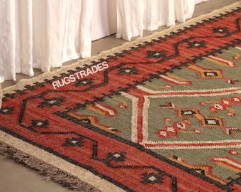 Handgewebter Kelim-Teppich aus Wolle und Jute, farbenfroher geometrischer Ethno-Teppich, wendbarer Flachgewebeteppich, Teppich im marokkanischen Boho-Stil, rustikale Wohndekoration