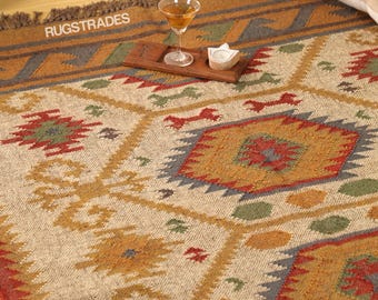Handwoven Tribal Kilim Rug with Geometric Patterns Reversible Wool jute Runner Rug Vintage Design Area Rug Bohemian Home Decor  Custom Rug