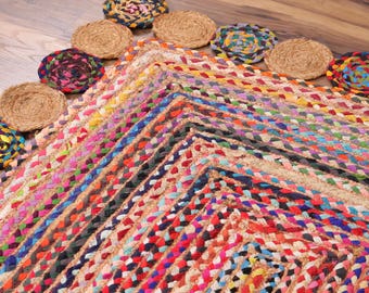 Bunter Chindi-Jute-Flechtteppich, handgefertigter Baumwoll-Jute-Teppich, Boho-Landhaus-Teppich, umweltfreundliche Fußmatte, Teppich in Sondergröße