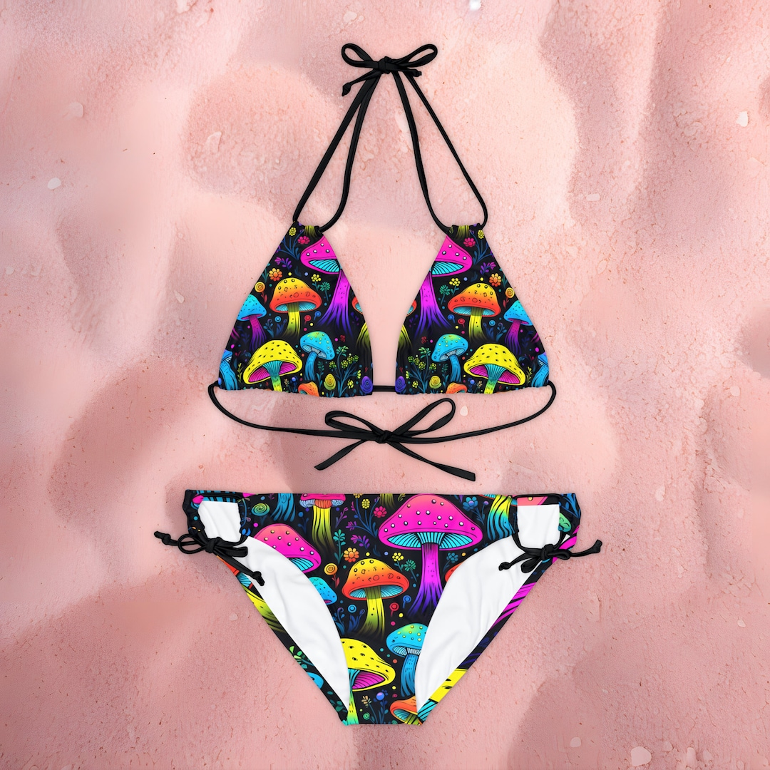Trippy Mushrooms String Bikini Set Rave Wear, Festival Outfit, Woman's Swimwear Set, Made in the