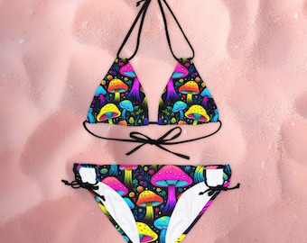 Trippy Mushrooms String Bikini Set - Rave Wear, Festival Outfit, Woman's Swimwear Set, Made in the USA