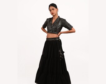 Sequin Embellished Georgette Blazer Crop Top and Skirt Set with Matching Latkan