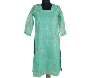 Pale Teal Organza Seide Kurti für Frauen Pailletten & Seidenfaden Embroidery set Readymade