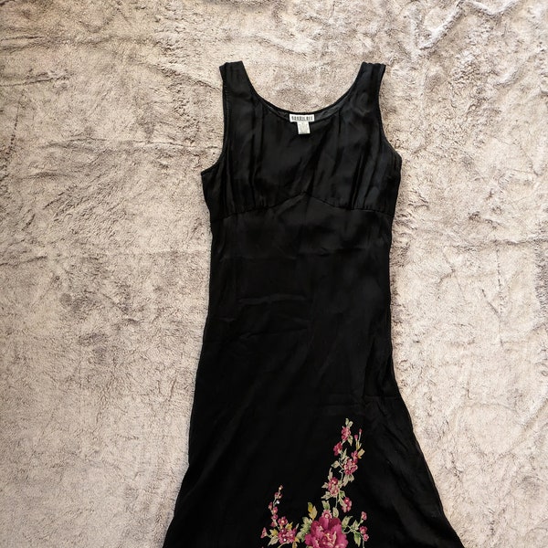 Vintage 90s Robbie Bee Black Satin Dress with Floral Beaded Detail