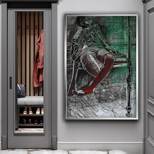Woman Sitting on a Bench Canvas Art, Woman Wall Art, Modern Figurative Art Canvas, Woman Portrait Art Print, Gifts For Friends, Modern Art